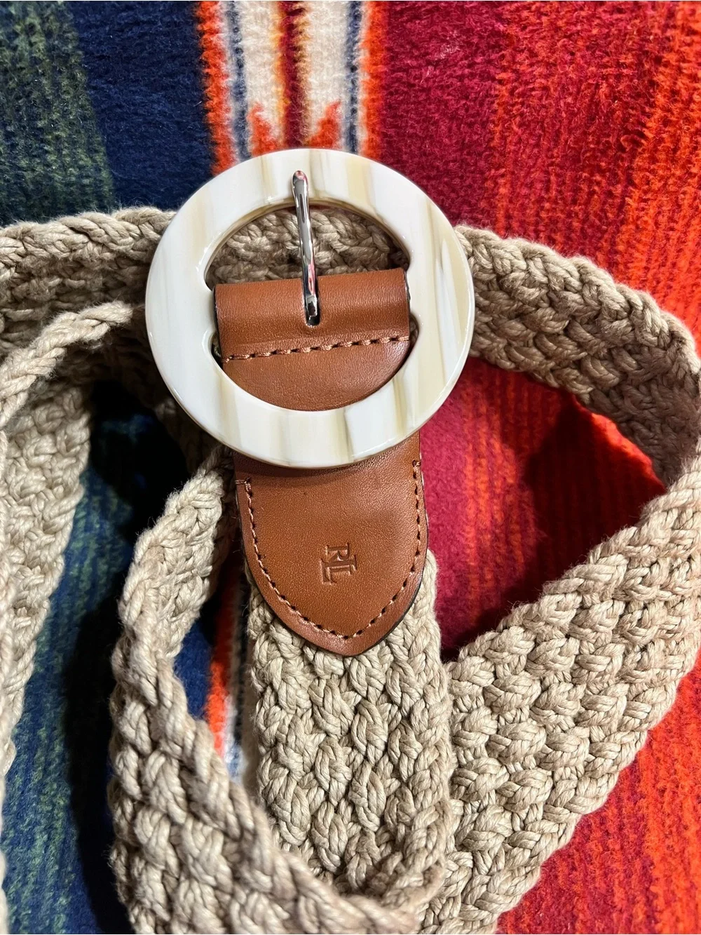 Lauren Ralph Lauren Braided Beige Belt with Ivory Round Buckle
